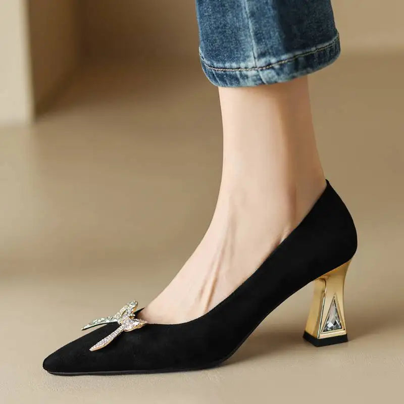 Design Shoes Women Pumps Flock Suede Pointed Toe Block High Heels 7cm