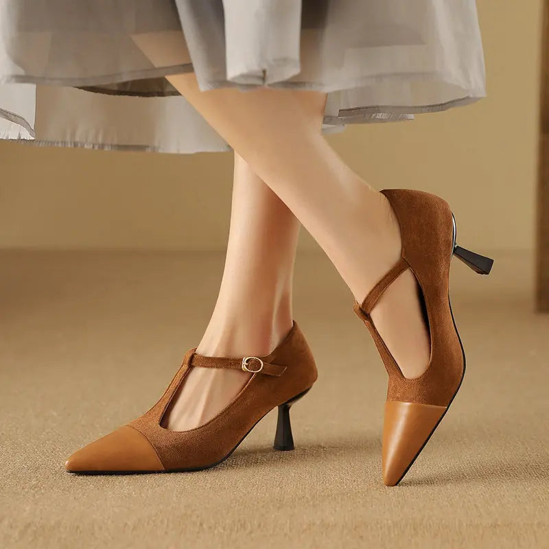 Women Pumps T-strap Thin High Heels 7.5cm, Pointed Toe Shoes