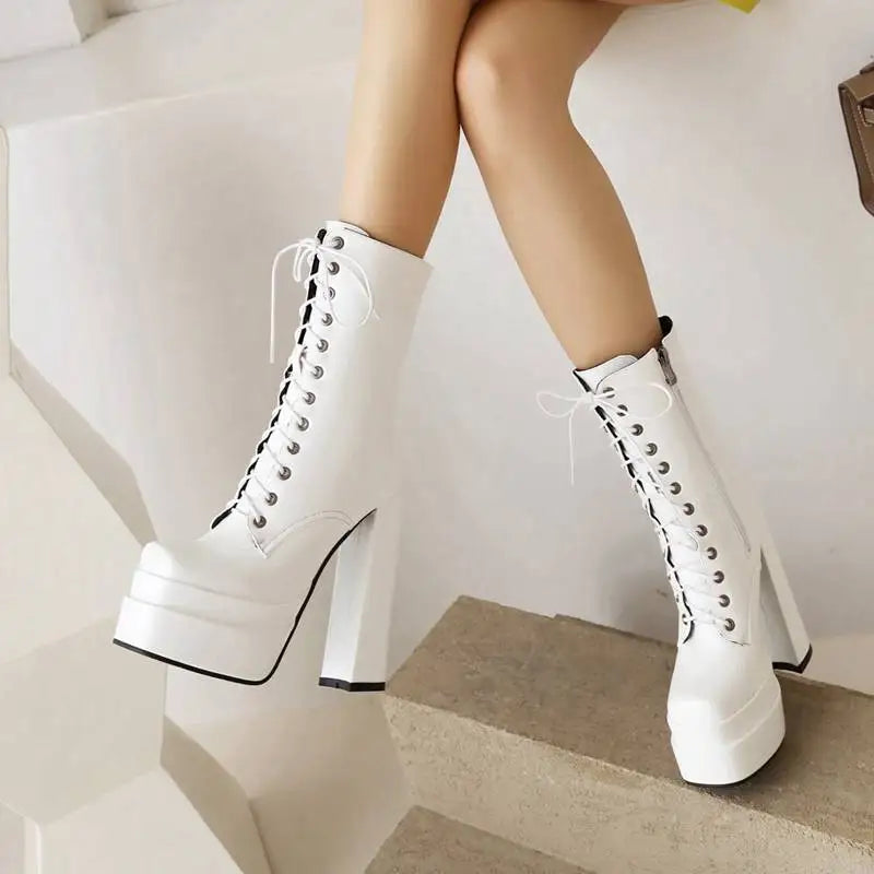 Ladies Mid Calf Boots 18cm with Square Toe, Block Heels 14cm
Double Platform 5cm, Zipper Lace Up Female Booties