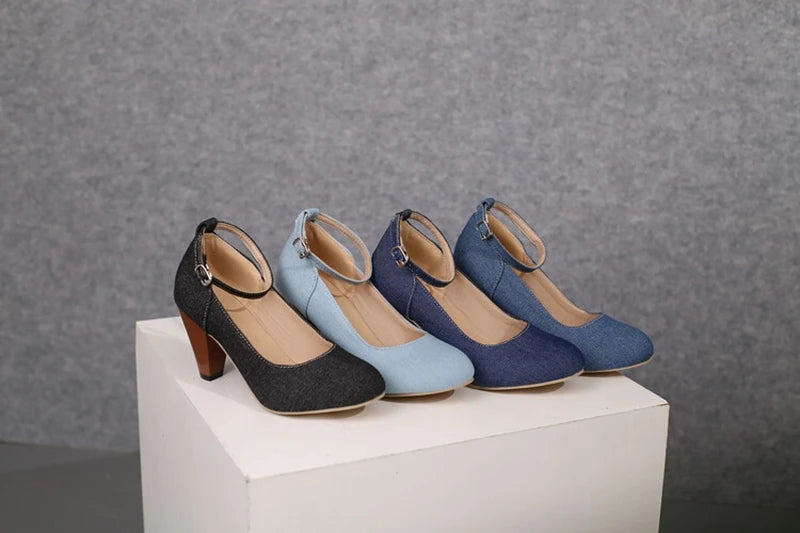 Women Pumps Pointed Toe, 7.5cm Spike Heel, Denim Fabric, Office Ankle Strap