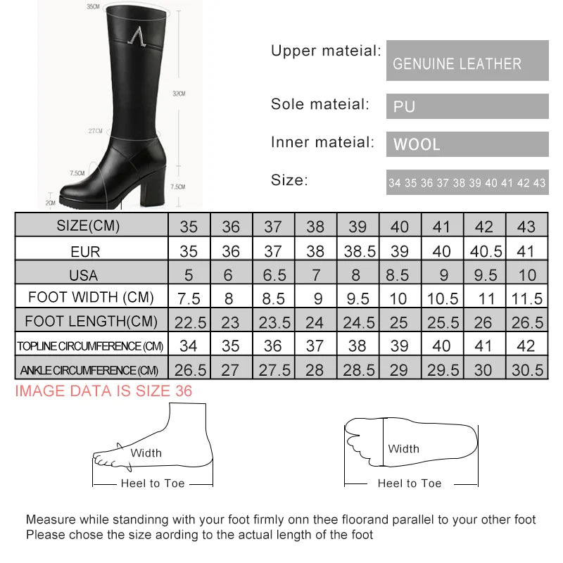 New Winter with Genuine Leather Boots for Women 
High Heeled Mid Calf Women Long Boots