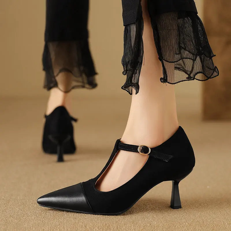 Women Pumps T-strap Thin High Heels 7.5cm, Pointed Toe Shoes