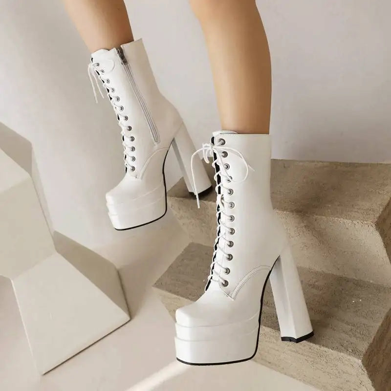 Ladies Mid Calf Boots 18cm with Square Toe, Block Heels 14cm
Double Platform 5cm, Zipper Lace Up Female Booties