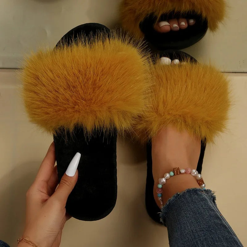 Winter Women's Fashion Fur Slippers 
Fluffy & Cute Plush Women's Luxury Outdoor Anti Slip Durable Flat Bottom Slippers