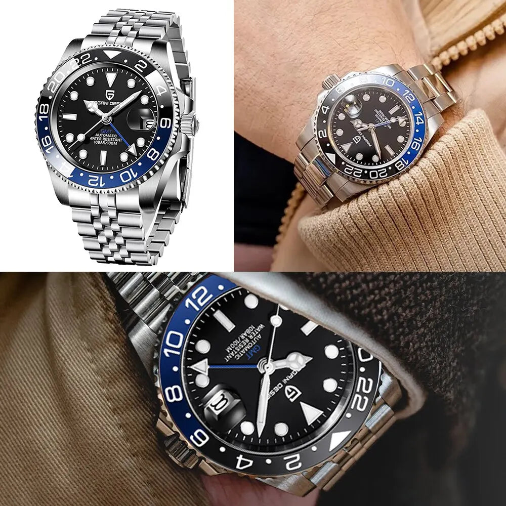 Luxury GMT Men Mechanical Wristwatch with Sapphire Glass, Stainless Steel, 100M Waterproof Automatic Watches