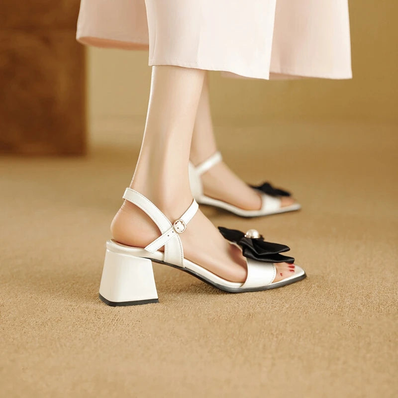 Peep Toe Round Women Sandals, Bow Pearl 5.5cm Thick Heel, Ankle Strap