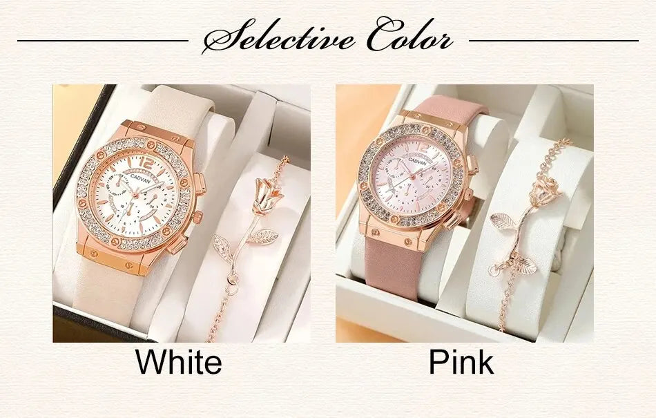 Set Luxury Rhinestone Women Fashion Elegant Wristwatch Quartz Watch