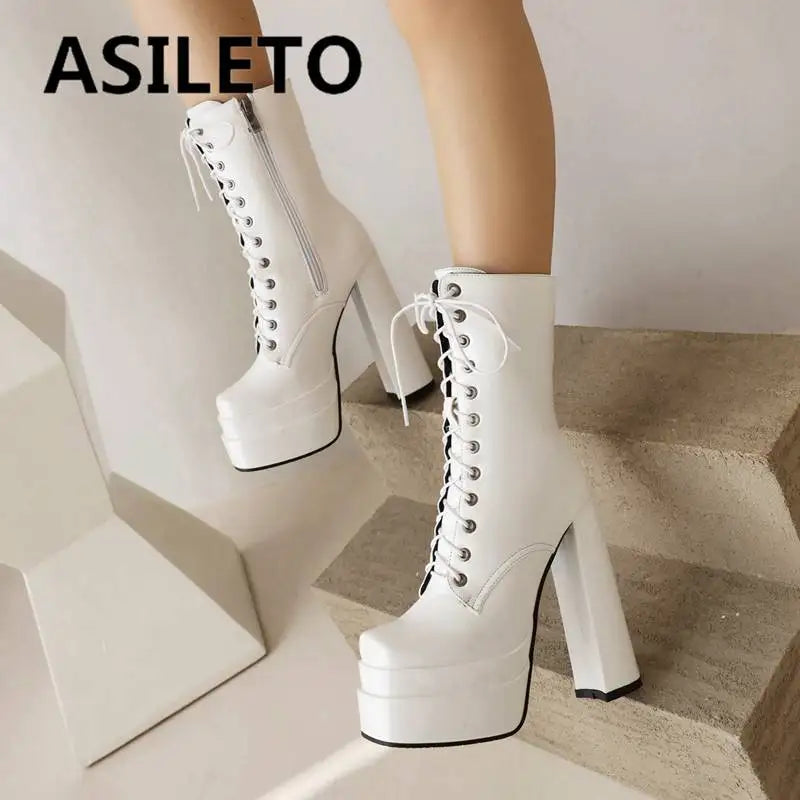 Ladies Mid Calf Boots 18cm with Square Toe, Block Heels 14cm
Double Platform 5cm, Zipper Lace Up Female Booties