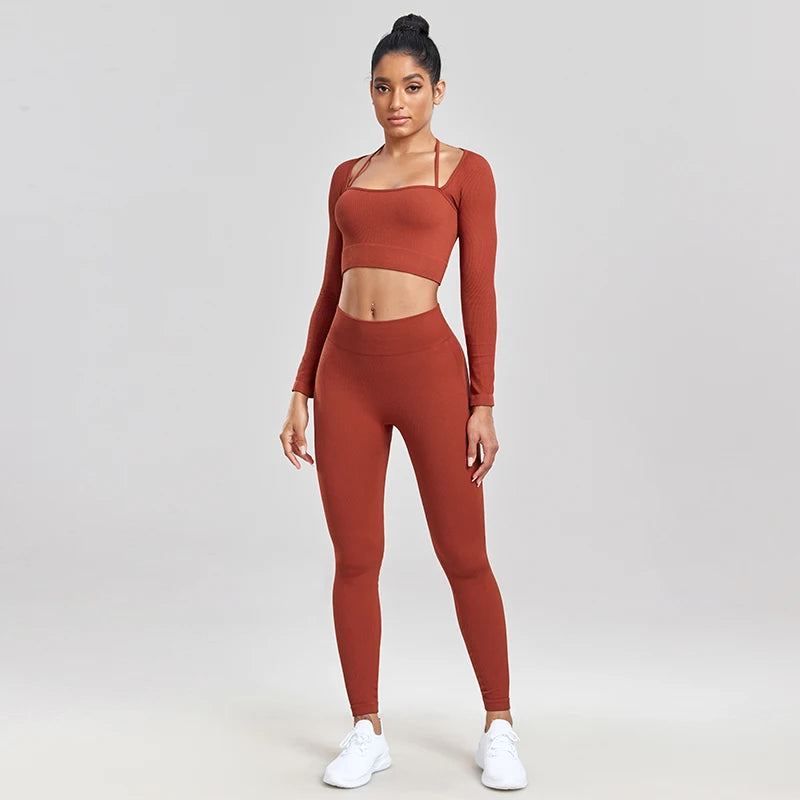 Ribbed Gym Set for Women 
Knitted Yoga Set for ladies with High Waist, Raises Butt, Push Up Long Sleeve Suit