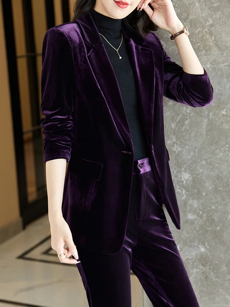 High Quality Fabric Velvet Formal Women Business Suits 
OL Styles Professional Pantsuits