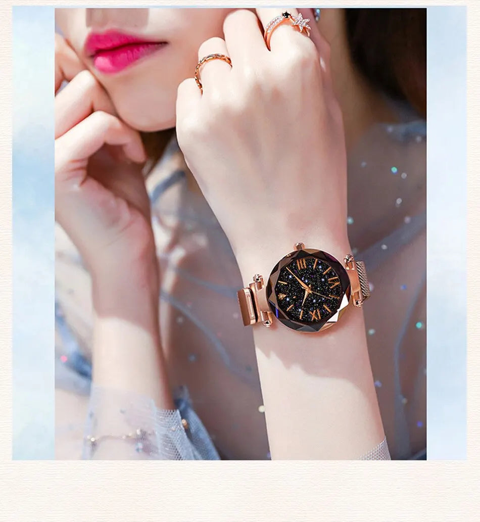 Starry Sky Watches 
Magnet Buckle Mesh Belt Diamond Quartz Watch