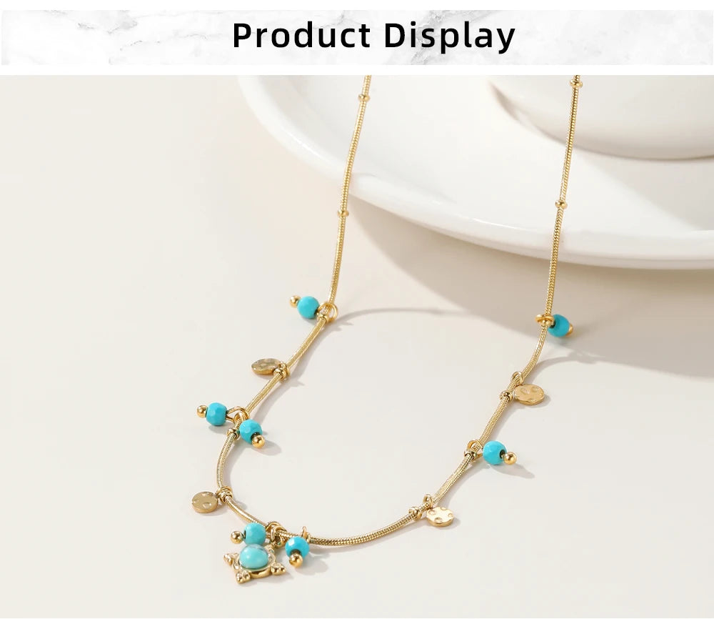 18K Gold PVD Plated Stainless Steel Chain Necklace for Women with Turquoise Natural Stone Round Tap
Texture Waterproof Jewelry