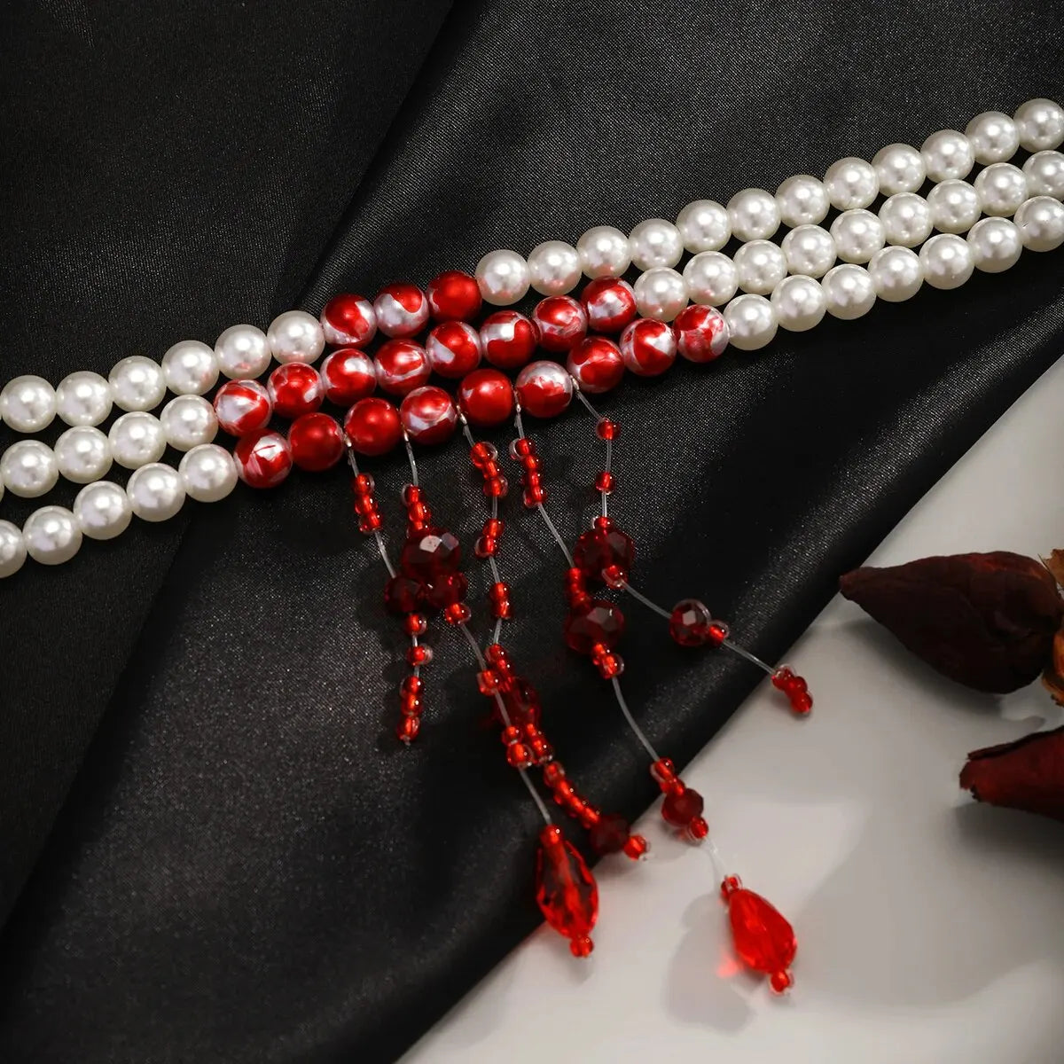 Multilayer Vintage Red Blood Pattern with Imitation Pearl Tassel Pendant Necklace