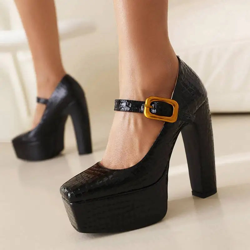 Female Pumps Square Toe Block Heel 13.5cm Platform 5cm