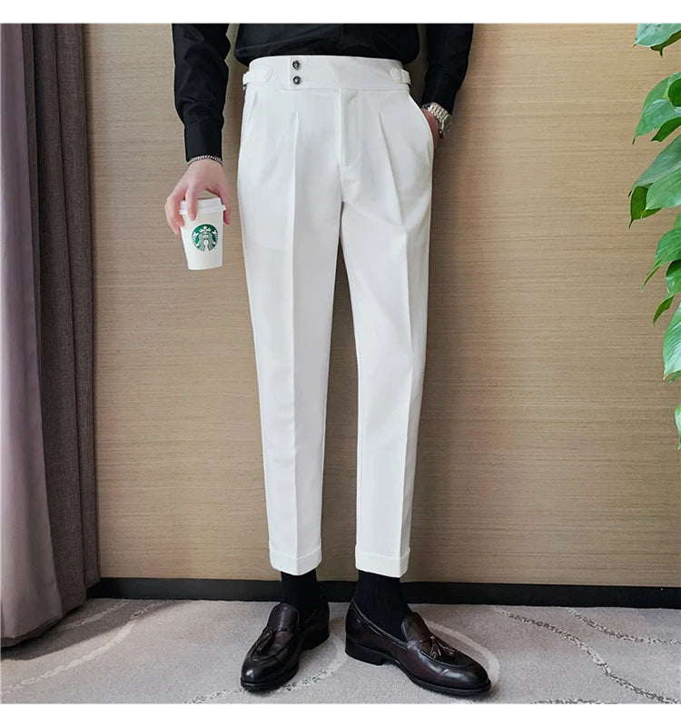 Men Dress Suit Pants, Striped Plaid British Style, High Waist Casual Belt Design 
Slim Trousers, Formal, Office, Social, Wedding, Party