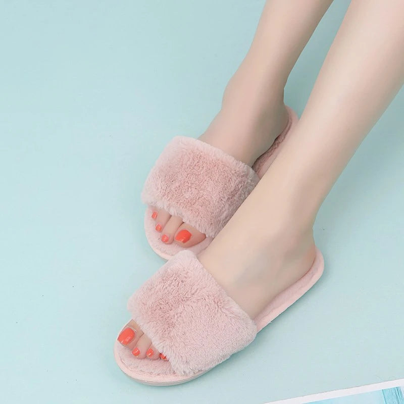 Winter Slippers Women's Fashion Cross Fluffy Leather Slippers
Home Slide Platform Flat Indoor Women's Shoes