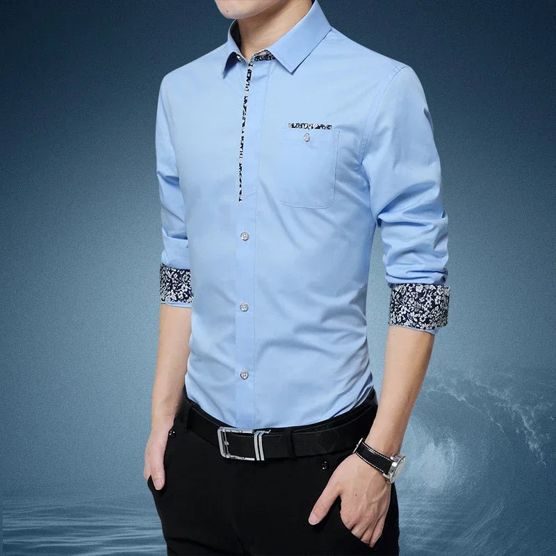 Long Sleeve Button Plain Solid Color Male Shirt