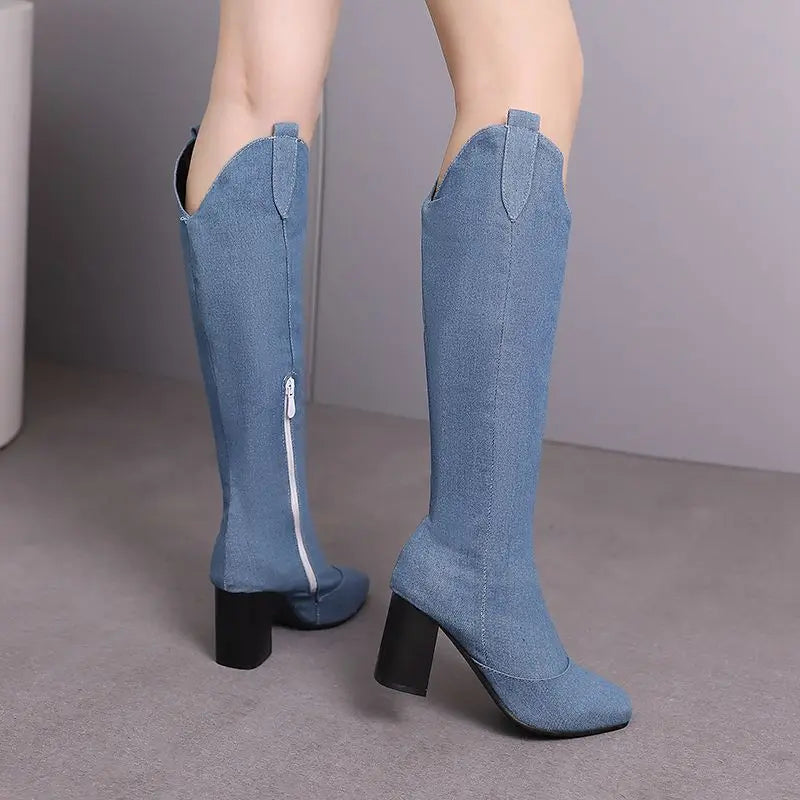 Denim Western style Knee High Boots with Square Toe, Block Heels 7cm, Zipper 
Cowboy Casual Female Booties