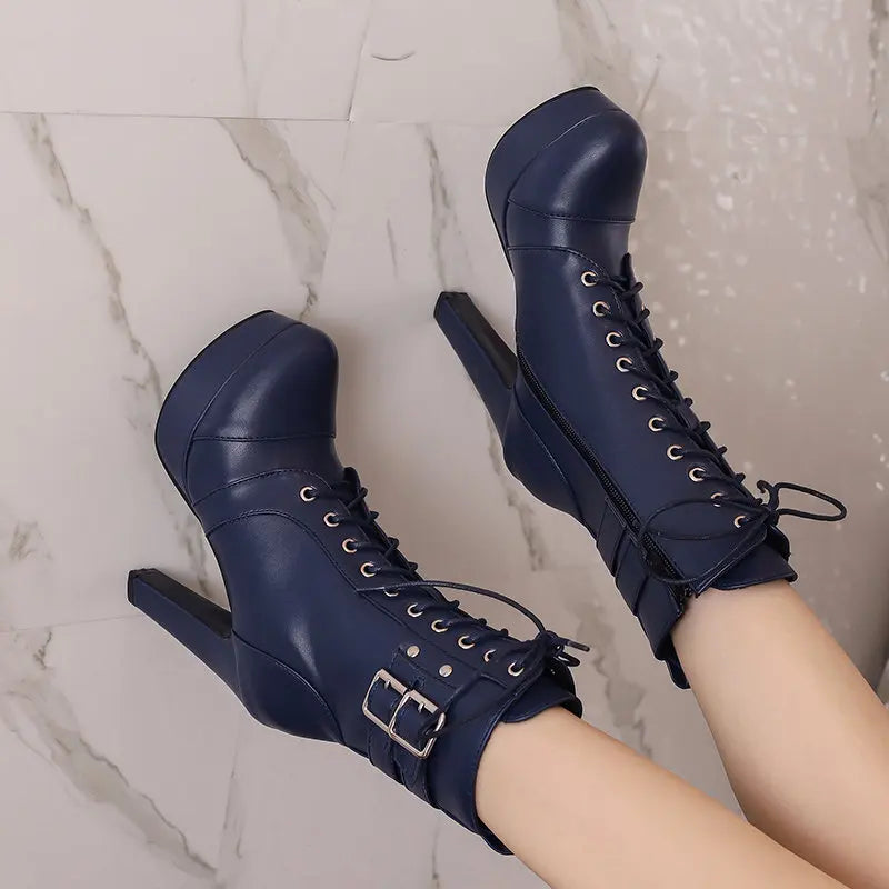 Women Boots with Round Toe, Chunky High Heels 12cm, Platform, 2.5cm Zipper
 Lace Up Belt Buckles