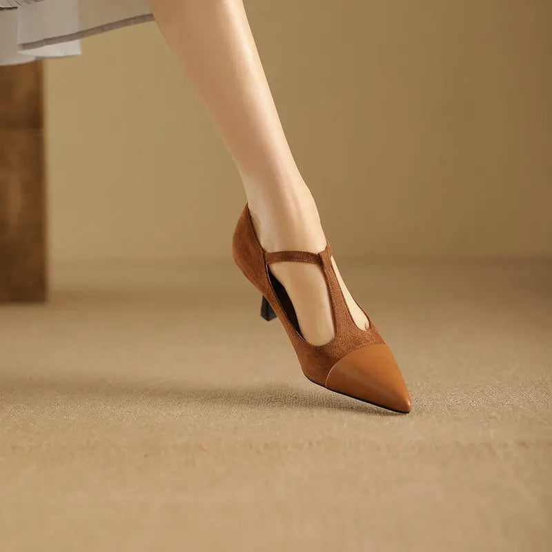 Women Pumps T-strap Thin High Heels 7.5cm, Pointed Toe Shoes