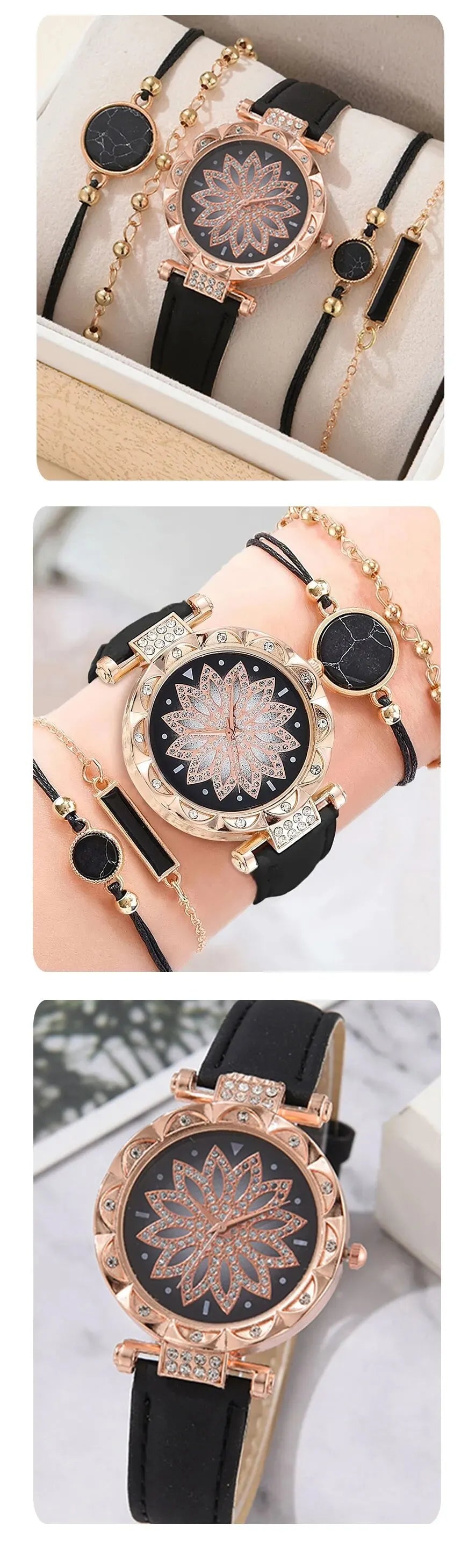 Set Women Luxury Leather Analog Ladies Quartz Wrist Watch Fashion Bracelet Watch 5PCS