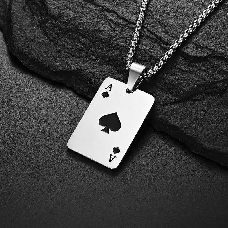 2 Piece Set Hip Hop Statement Stainless Steel Poker 
Card style Ace of Spades Necklace For Women & Men 
Pendant Chain Playing Cards Jewelry