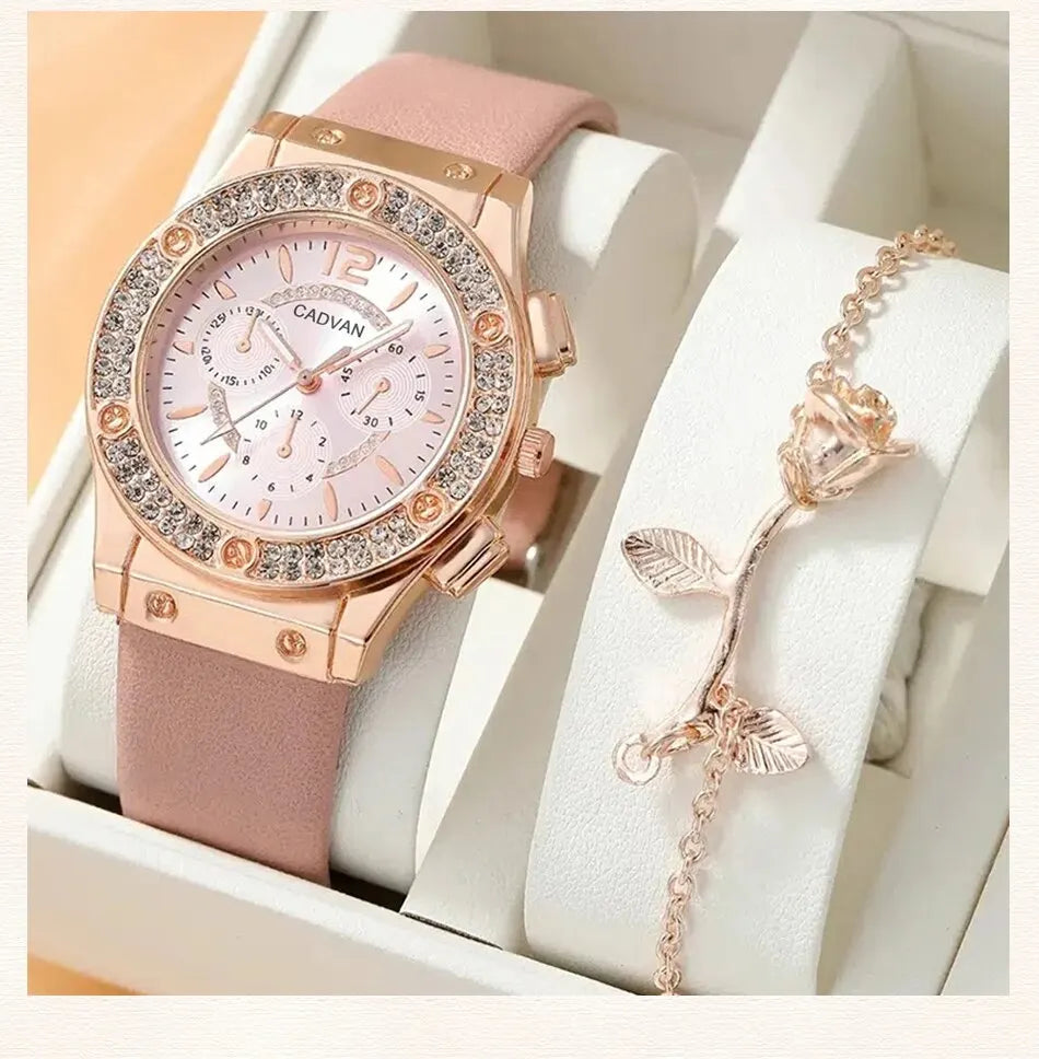 Set Luxury Rhinestone Women Fashion Elegant Wristwatch Quartz Watch