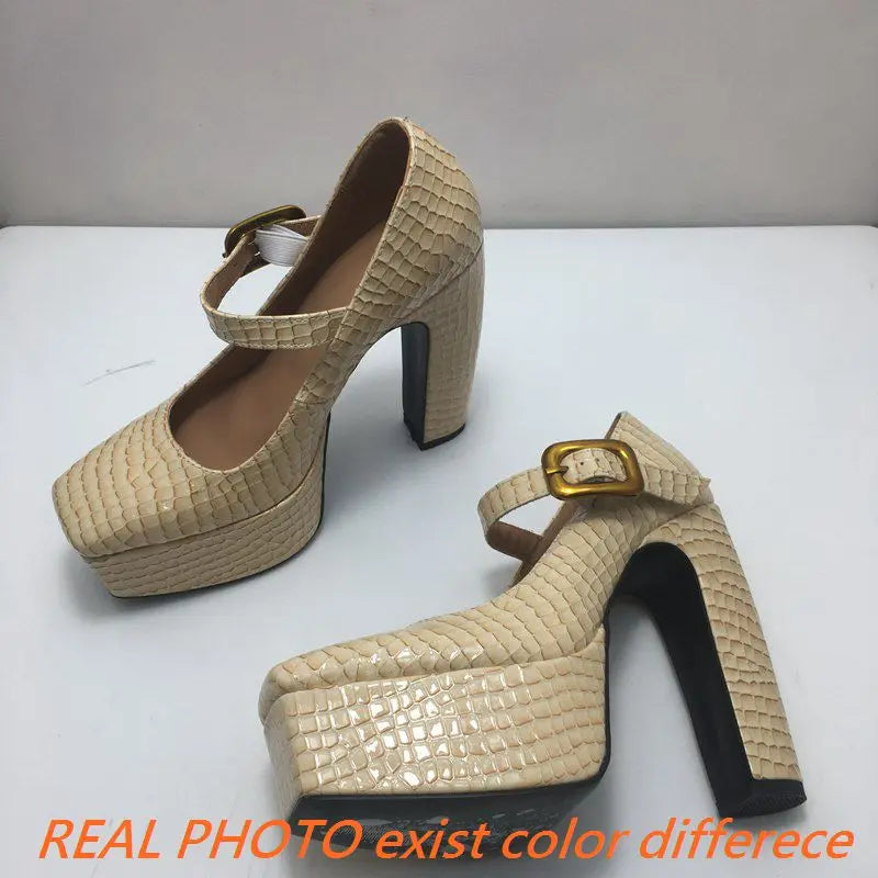 Female Pumps Square Toe Block Heel 13.5cm Platform 5cm