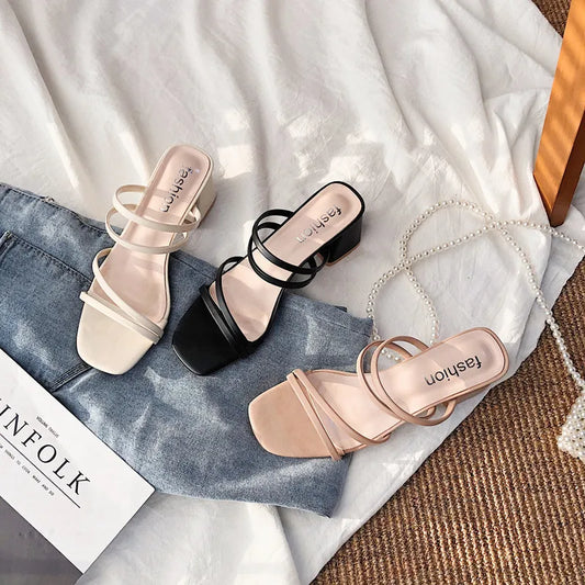 Women Sandals Square Heels 
Elegant Summer Slippers Outside Cross Tied Leather