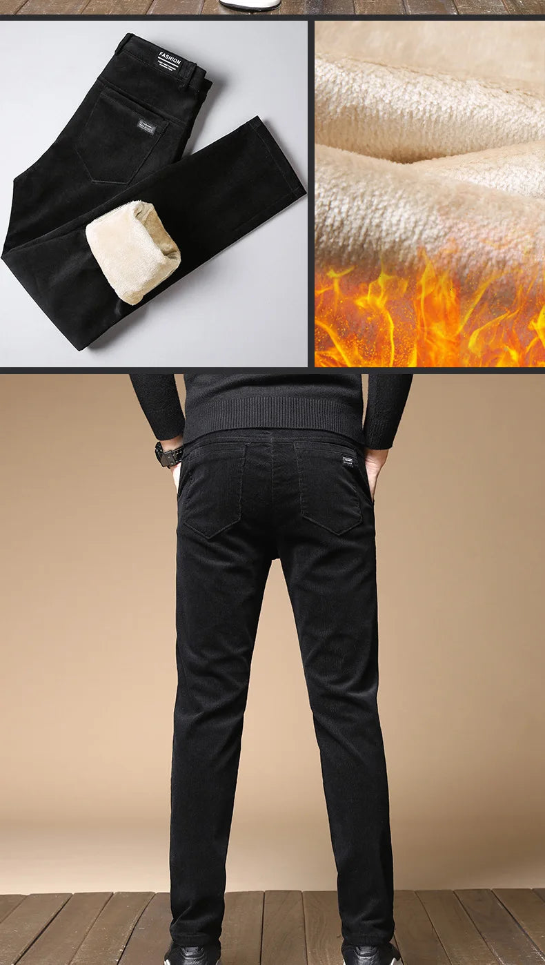 New Winter Fleece Warm Corduroy men Pants
Business Fashion Slim Fit Stretch Thicken Gray & Green Fluff Casual male Trouser