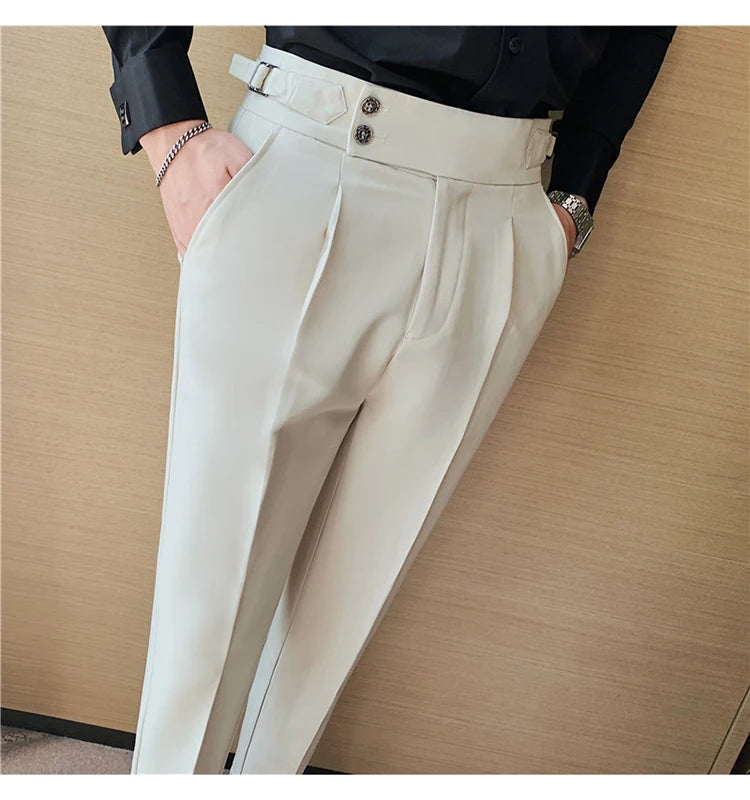 Men Dress Suit Pants, Striped Plaid British Style, High Waist Casual Belt Design 
Slim Trousers, Formal, Office, Social, Wedding, Party