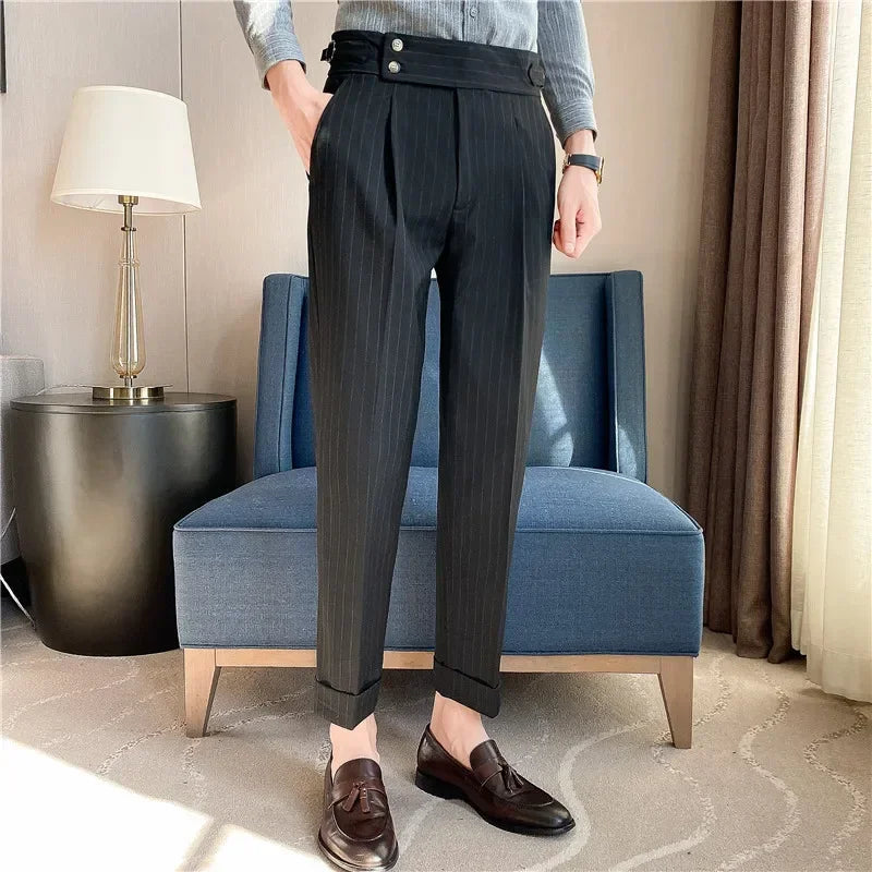 Men Dress Suit Pants, Striped Plaid British Style, High Waist Casual Belt Design 
Slim Trousers, Formal, Office, Social, Wedding, Party