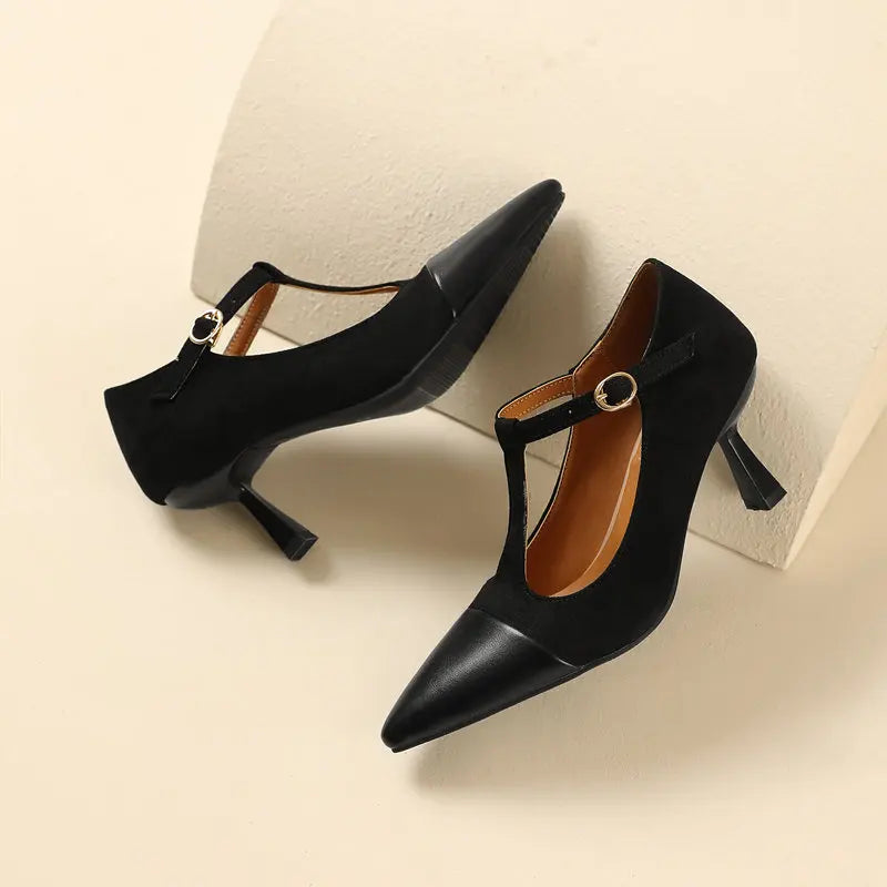 Women Pumps T-strap Thin High Heels 7.5cm, Pointed Toe Shoes