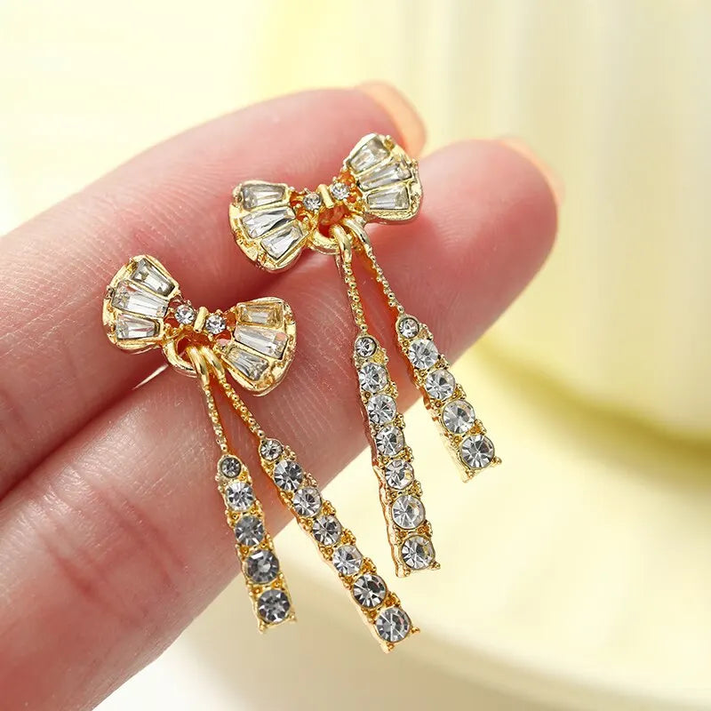 Gold-Color Shiny Bow Dangle Earrings