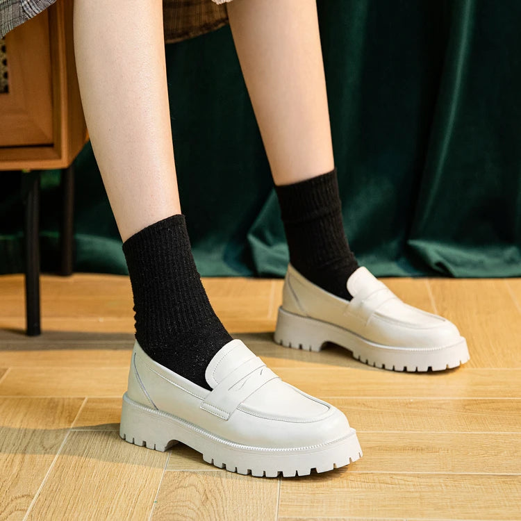 Spring Shoes for Female in British Style, Thick-soled, Casual, Genuine Leather