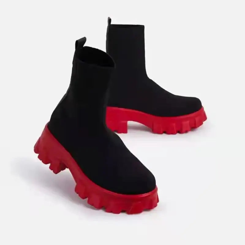 Autumn New Socks Woman Shoes,  Stretch Fabric Mid-Calf Casual Platform Boots