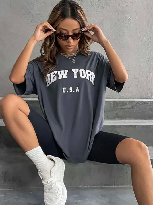 New York Letter Print T-shirts for Female 
Summer Basic O-neck Tees, Casual Retro Streetwear for Ladies