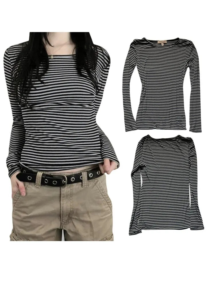 Women T-shirt Long Sleeve, Crew Neck 
Striped Fall Slim Fit Ladies Casual Tops