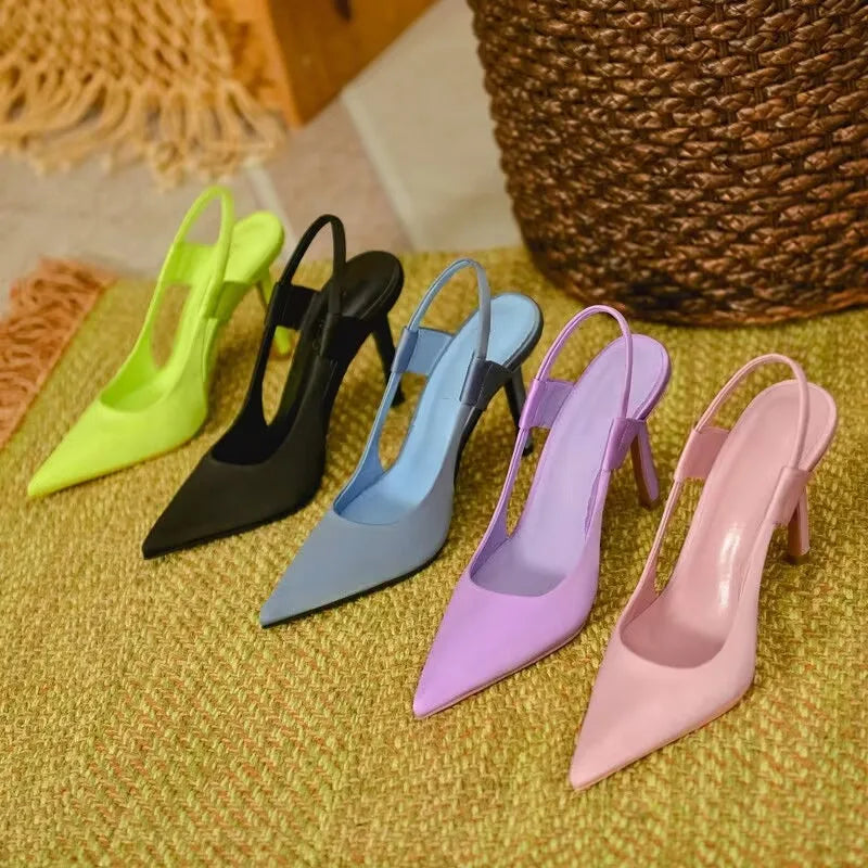 New 2024 Spring Brand Women Slingback Sandals Pointed Toe Slip on Thin High Heel