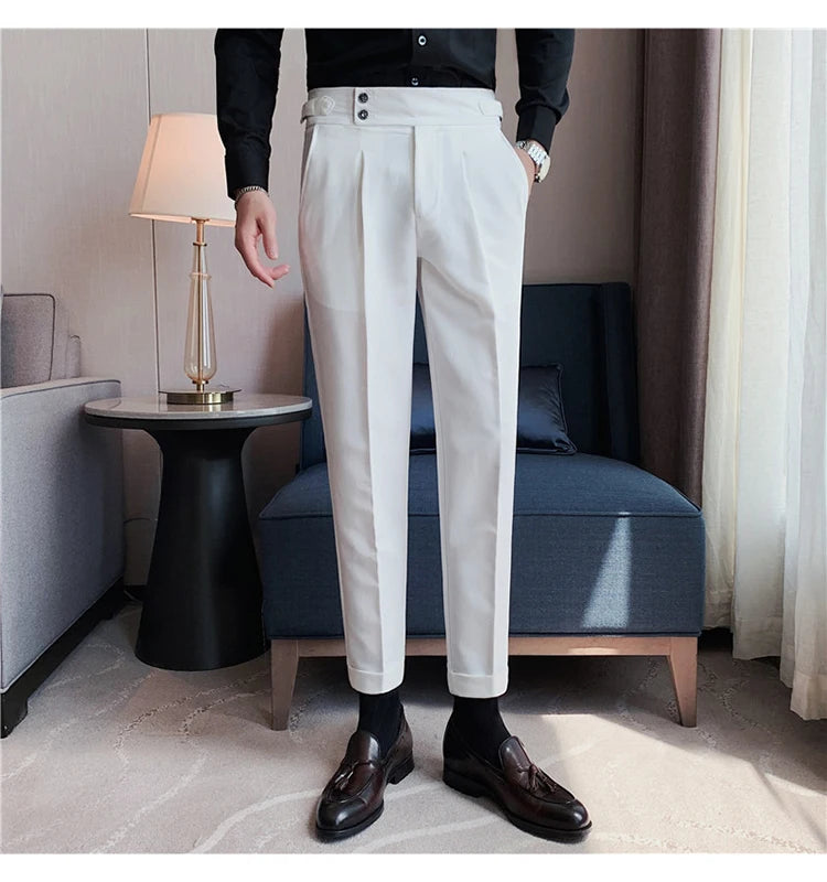 Men Dress Suit Pants, Striped Plaid British Style, High Waist Casual Belt Design 
Slim Trousers, Formal, Office, Social, Wedding, Party