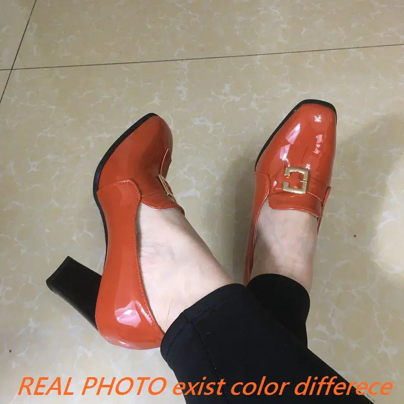 Women Pumps Square Toe, Block Heel
easy Slip-on with Shallow Metal Decoration