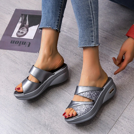 Summer Slippers Ladies Glitter PU Wedges Shoes