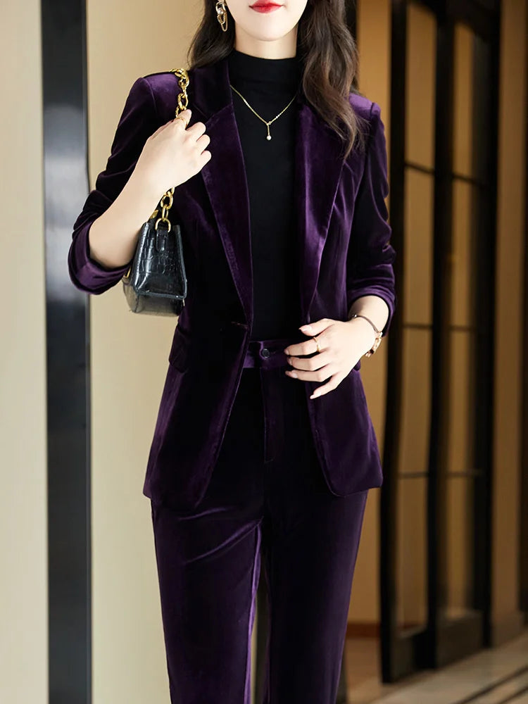 High Quality Fabric Velvet Formal Women Business Suits 
OL Styles Professional Pantsuits