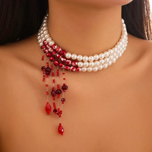 Multilayer Vintage Red Blood Pattern with Imitation Pearl Tassel Pendant Necklace