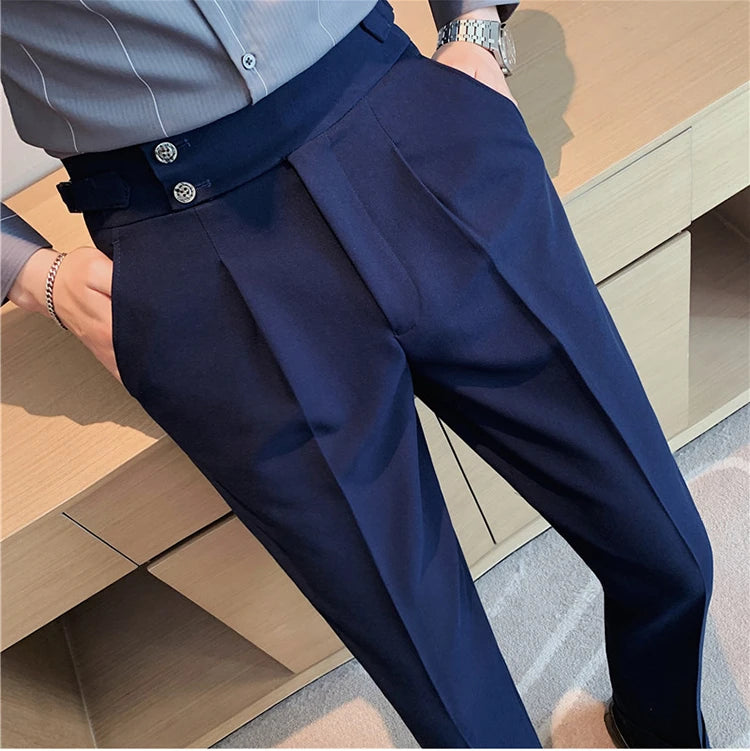 Men Dress Suit Pants, Striped Plaid British Style, High Waist Casual Belt Design 
Slim Trousers, Formal, Office, Social, Wedding, Party