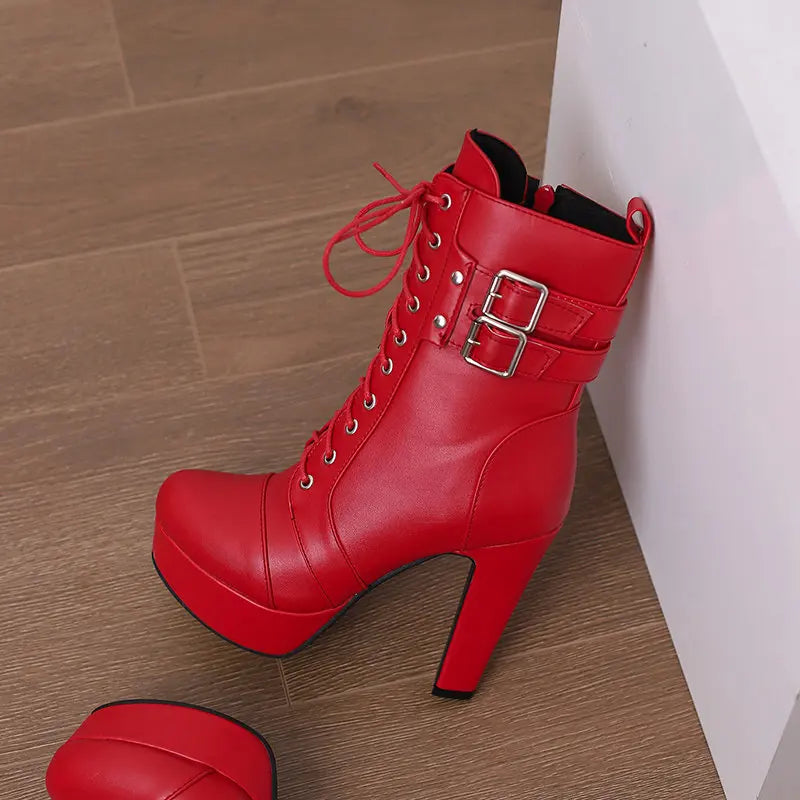 Women Boots with Round Toe, Chunky High Heels 12cm, Platform, 2.5cm Zipper
 Lace Up Belt Buckles