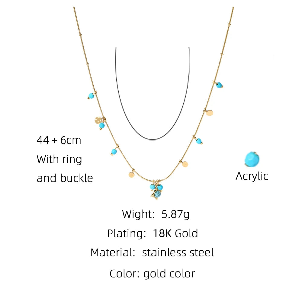 18K Gold PVD Plated Stainless Steel Chain Necklace for Women with Turquoise Natural Stone Round Tap
Texture Waterproof Jewelry