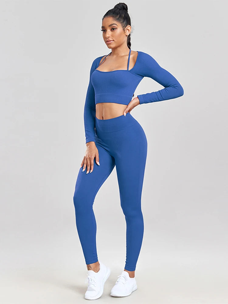 Ribbed Gym Set for Women 
Knitted Yoga Set for ladies with High Waist, Raises Butt, Push Up Long Sleeve Suit