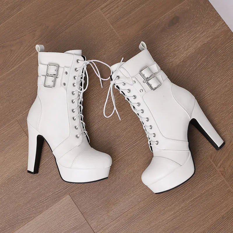 Women Boots with Round Toe, Chunky High Heels 12cm, Platform, 2.5cm Zipper
 Lace Up Belt Buckles