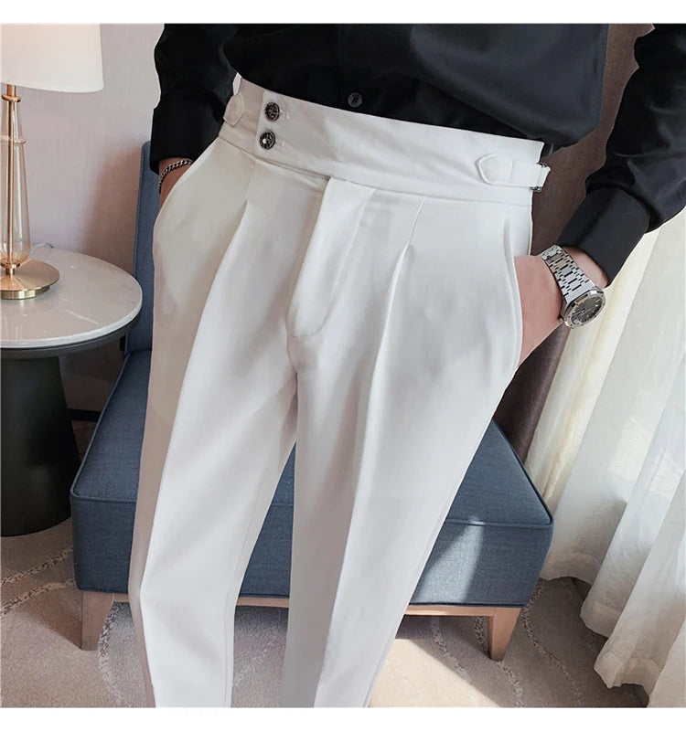 Men Dress Suit Pants, Striped Plaid British Style, High Waist Casual Belt Design 
Slim Trousers, Formal, Office, Social, Wedding, Party